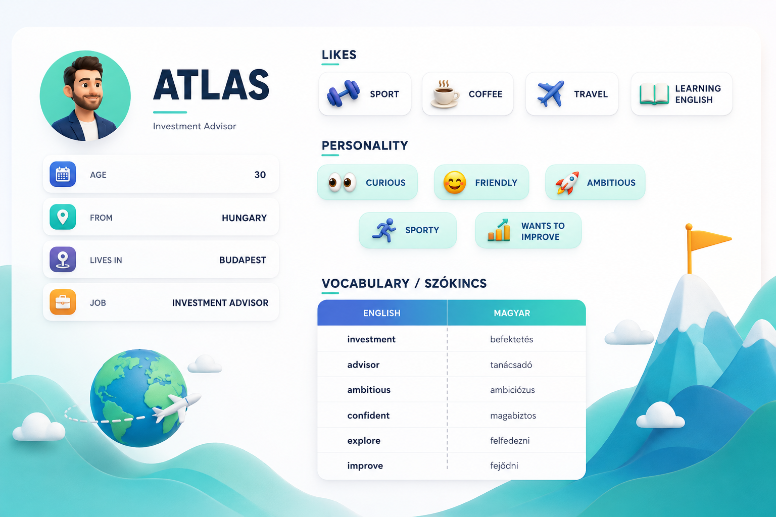 Atlas bemutatkozó kártyája: egy kíváncsi, utazni és tanulni szerető szereplő